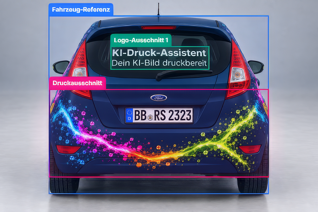 Ford Fiesta Heck mit Referenz- und Druckrahmen, 2× hochskaliert