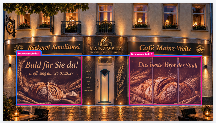 Schaufenster mit zwei getrennten markierten Druckausschnitten